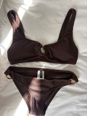 J. Crew Chocolate Brown Textured Bikini Set with Ring Details